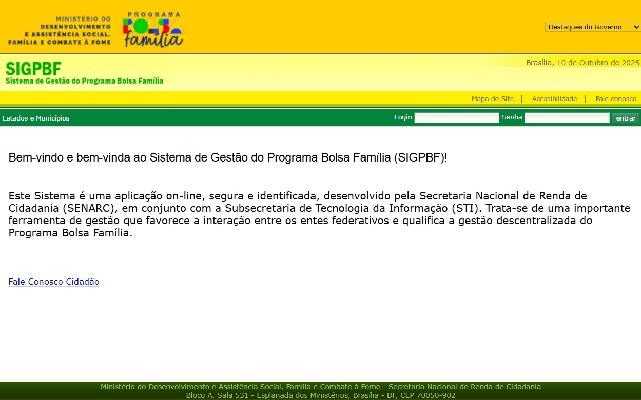 Tela inicial do SIGPBF