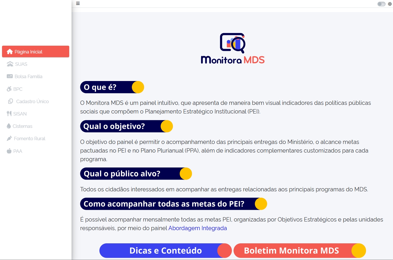 Tela inicial do Monitora MDS